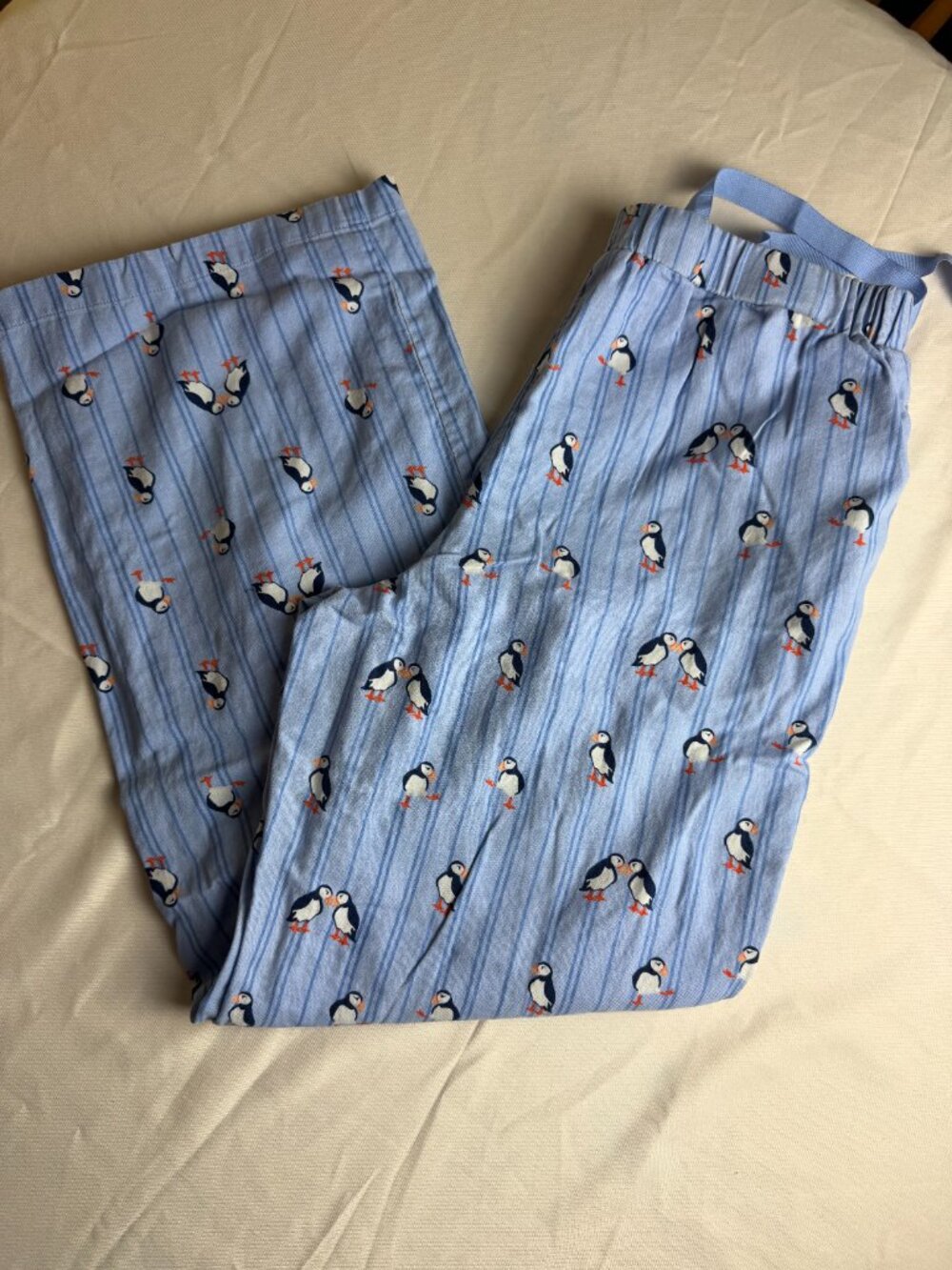 Lands End Blue Striped Puffin Pajama Pants Holiday Christmas Novelty M